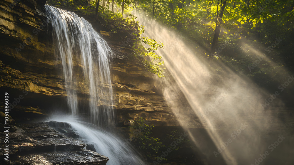 Poster a rugged cliffside waterfall cascades down into a serene pool, surrounded by lush greenery and illum