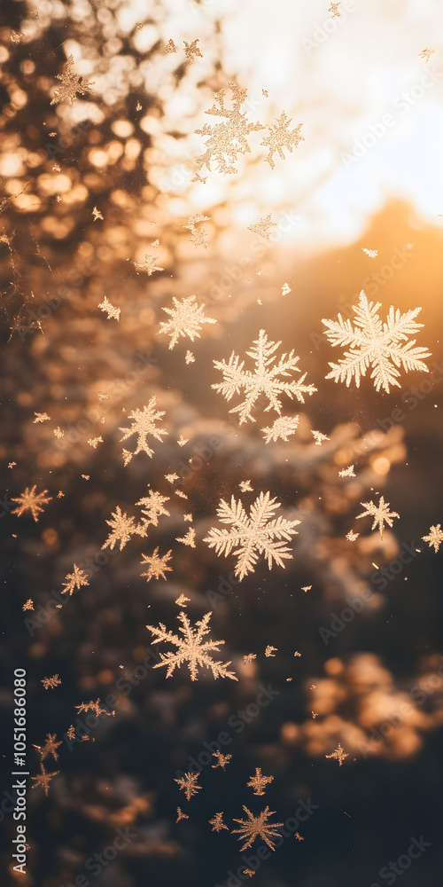 Poster close-up of frosty snowflakes on glass illuminated by soft light, creating a winter wonderland effec