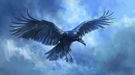 Obraz premium Young Common Raven hovers high in blue sky with stretched wings