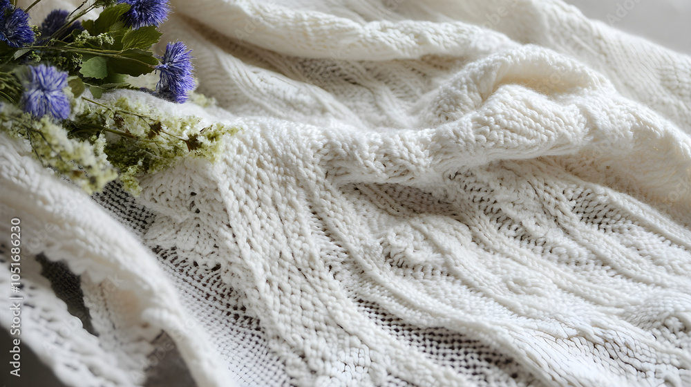 Poster delicate white wool knit pattern with intricate textures and soft details, complemented by a touch o