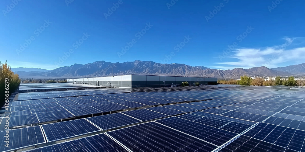 Poster a high-elevation view of an industrial building highlights the large array of solar panels installed