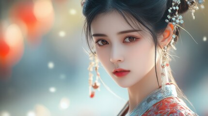 Fototapeta premium Chinese woman with a traditional dress, looking graceful