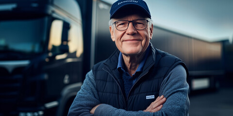 An elderly delivery driver with a confident smile poses in front of a shipping lorry, reflecting decades of commitment to the logistics business, with the truck gleaming behind him