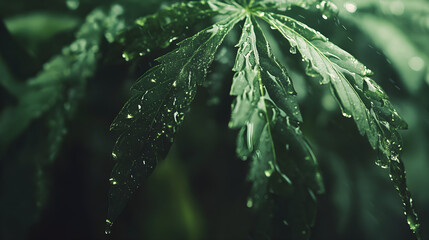 Obraz premium Macro shot of a rain-soaked leaf showcasing intricate textures and droplets in a lush green environment