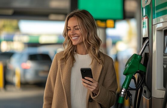 Happy Woman Filling Gas and Using Phone at Fuel Station