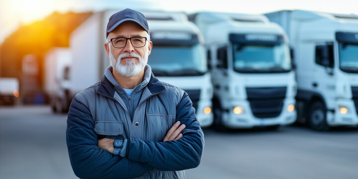A senior driver, with decades of experience, stands before his truck at a loading dock, a symbol of steady employment in the logistics and freight industry.