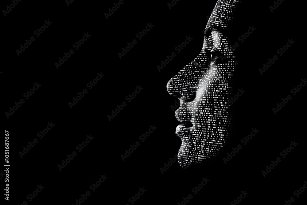 Poster a simple side profile of a human face illuminated by digital text patterns creating a striking visua