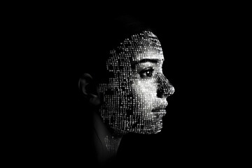 Simple side profile of a human face with digital code overlay emphasizing technology and identity themes in a striking, monochromatic style