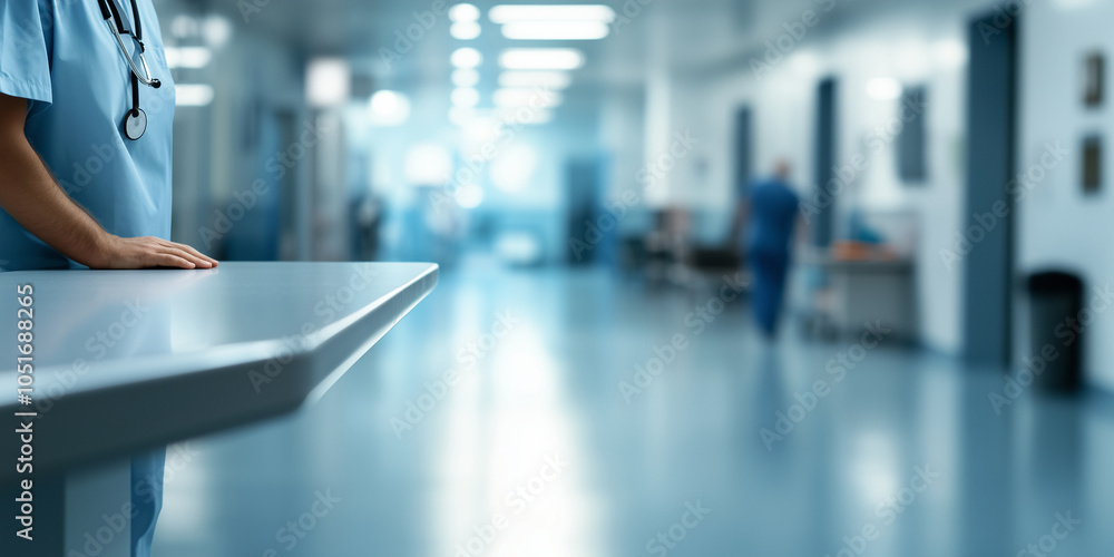 Poster an empty reception counter in a hospital wing, the background slightly blurred to show movement in a
