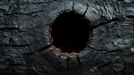 Close-up of a dark hole in a textured wooden surface.