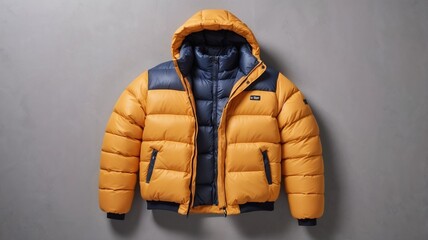 Vibrant orange and navy blue puffer jacket displayed flat against a gray textured background