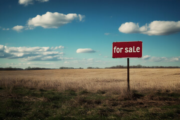 A red for sale sign stands prominently in a beautiful empty field under a clear blue sky with fluffy clouds showcasing a peaceful rural landscape