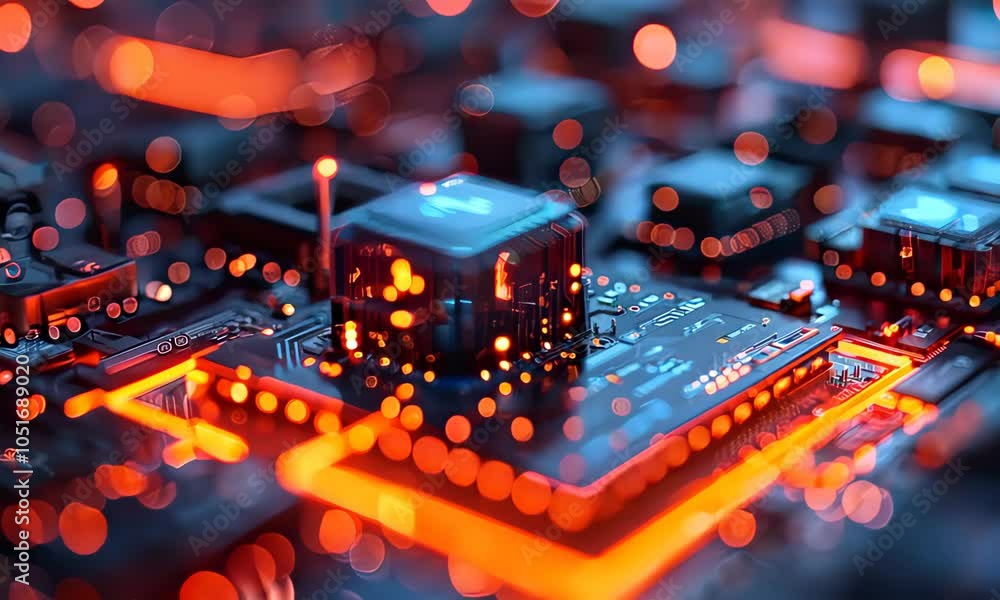 Poster futuristic abstract digital circuit board with glowing elements and bokeh effects