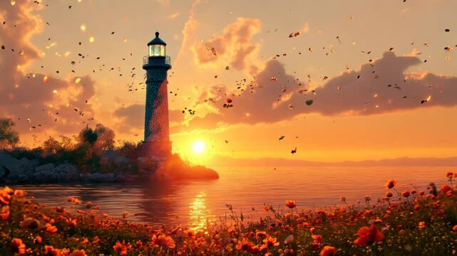 A scenic view of a lighthouse and sunset with red flowers in the foreground.