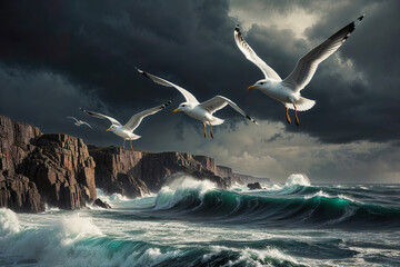 Obraz premium Seagulls fly over the rough sea. AI Generated