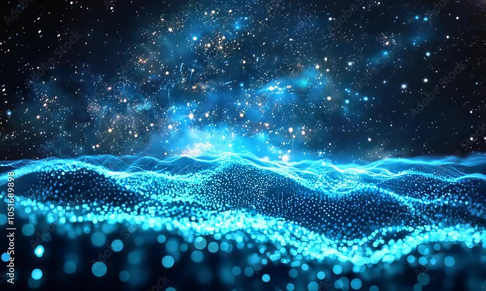 Poster abstract ocean waves with stars and cosmic elements in the background