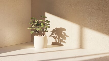 Potted plant casting shadows on a beige wall with soft natural light.