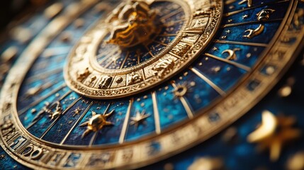 Obraz premium Close-up of a horoscope wheel, featuring colorful segments and intricate designs, with astrological elements around it.