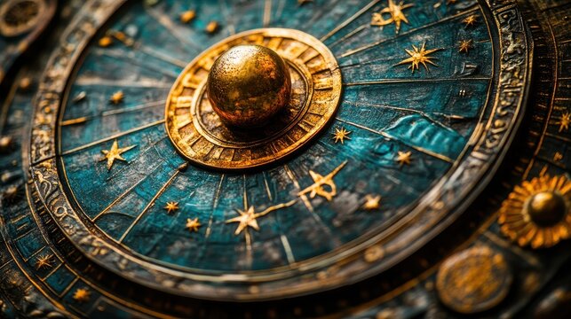 Close-up of a horoscope wheel, featuring colorful segments and intricate designs, with astrological elements around it.