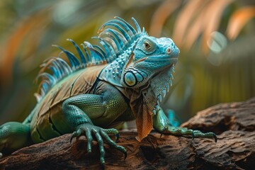 Fototapeta premium Colorful green iguana perched on a branch in its tropical habitat, flaunting vibrant scales and exotic beauty