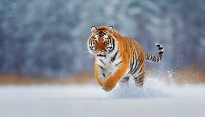 Obraz premium Tiger in wild winter nature. Amur tiger running in the snow. Action wildlife scene with danger animal. Cold winter in tajga, Russia