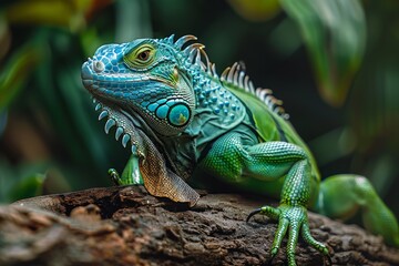 Obraz premium Colorful green iguana perched on a branch in its tropical habitat, flaunting vibrant scales and exotic beauty