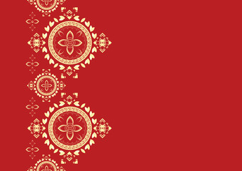 Seamless dark red pattern with African embroidery, paisley, boho style, Indian ethnic floral ikat fabric.