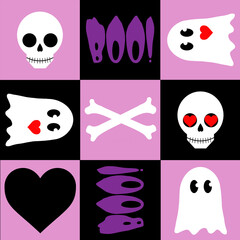 Halloween pattern with skull, bones, hearts and other elements