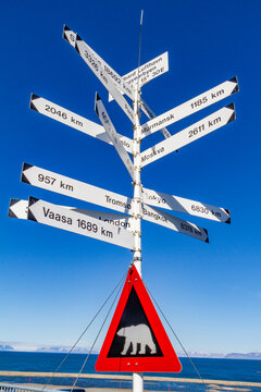 View of signpost in Longyearbyen on the island of Spitsbergen in the Svalbard Archipelago, Norway, Arctic, Europe
