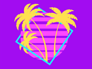 Palm trees at sunset retro sun in 80s style. Retro futuristic silhouettes of palm trees against the sun in a square frame. Synthwave style. Design for banners and posters. Vector illustration