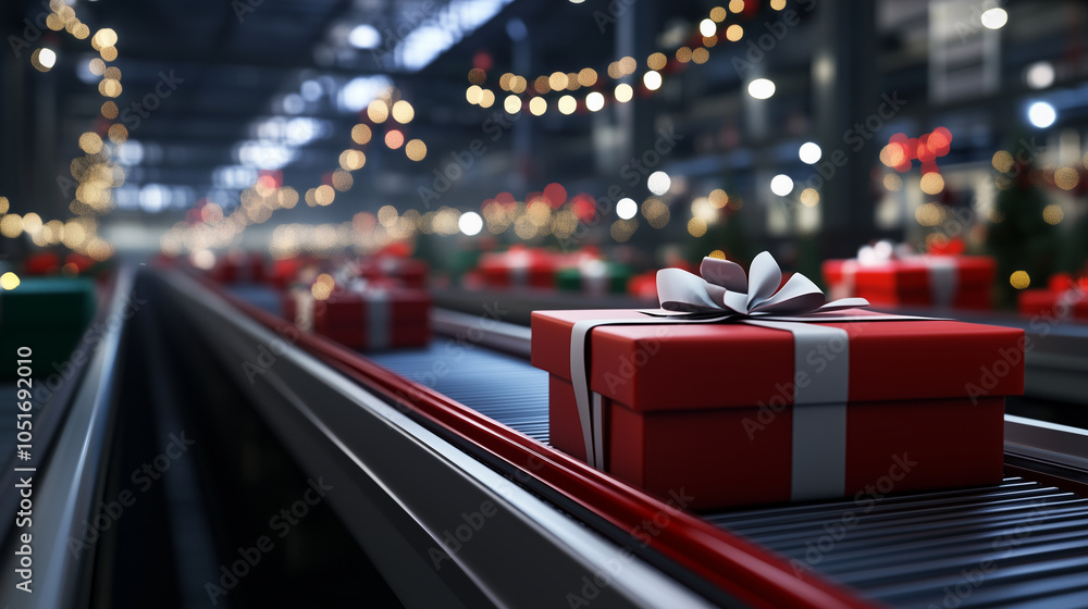 Poster automated conveyor belts moving an array of colorfully wrapped christmas packages through a logistic