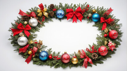 Christmas frame made of fir branches and  baubles on white background