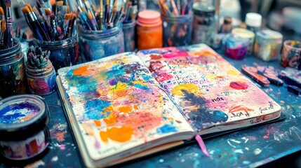 Close-up of an open notebook with a bold heading written in colorful ink, surrounded by art supplies and inspiration.