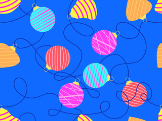 Fototapeta premium New Year seamless pattern with Christmas balls. Garland with colourful Christmas tree balls hang on a string. Xmas design for wallpaper, covers, banners and posters. Vector illustration