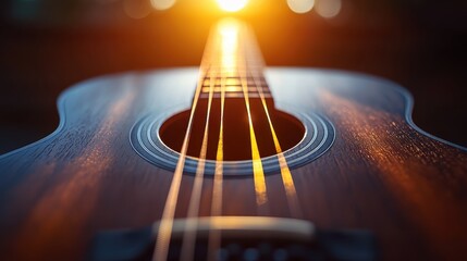 Close-up of guitar strings reflecting sunlight, with intricate wood grain details and a blurred background.
