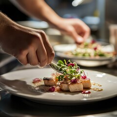 Culinary Arts: A chef adding garnish to a plate of food in an upscale kitchen