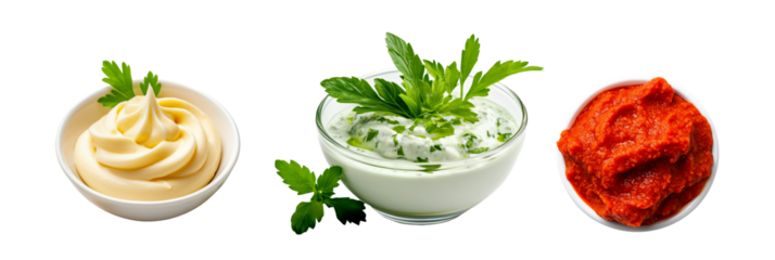 Creamy mayonnaise, mustard and red pepper paste garnished with fresh green herbs, making it perfect for dips or sauces, isolated on white transparent background.