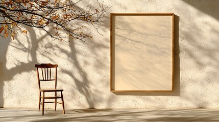 Minimalist Scene with Empty Frame and Wooden Chair