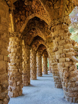 Colonnaded footpath under the roadway viaduct, Park Guell, UNESCO World Heritage Site, Barcelona, Catalonia, Spain, Europe