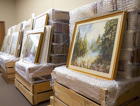 Framed paintings wrapped for protection, stacked on wooden crates, suggesting storage or preparation for shipping.