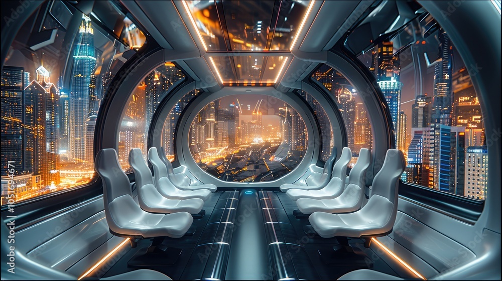 Aufkleber futuristic spaceship interior with two rows of seats on the left and right sides, large floor-to-cei