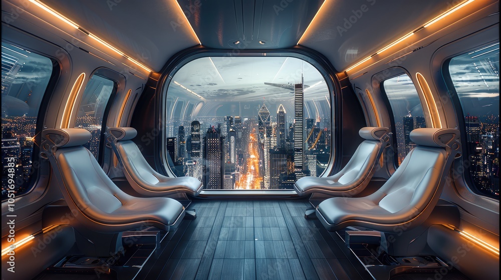 Aufkleber futuristic spaceship interior with two rows of seats on the left and right sides, large floor-to-cei