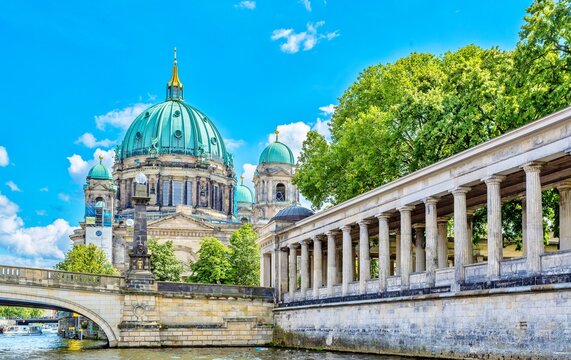 Berlin Cathedral (Berliner Dom), completed in the Baroque style in 1905, a Protestant church, damaged in World War 2, repaired between 1975 and 1993, seen from the River Spree, Berlin, Germany, Europe