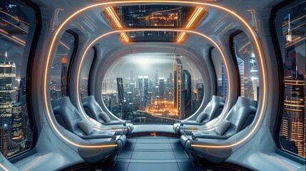 Futuristic spaceship interior with two rows of seats on the left and right sides, large floor-to-ceiling glass windows at the front and on both sides showing a breathtaking city skyline outside.