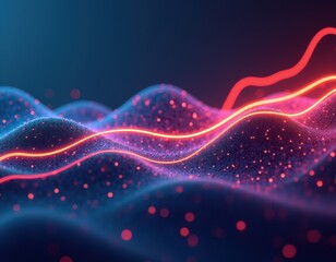Obraz premium Cyber Wave Network. Vibrant digital waves move dynamically on a dark canvas, embodying the continuous flow of data in advanced tech networks. Perfect for designs focused on information flow.