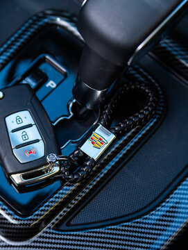 Novosibirsk, Russia -  september    05 , 2024:  close-up of  Cadillac  keychain  in car interior
