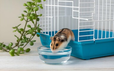 Hamster drink water from bowl beside cage. Pet hydration