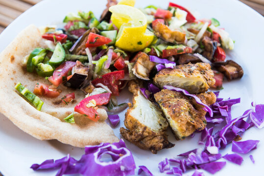 Salad served aboard the Dahabeah, passenger river boat of the Lazuli fleet, sailing on the Nile river, Egypt, North Africa, Africa