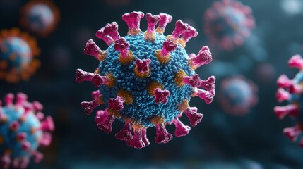 Colorful 3D rendering of Hepatitis B virus particles, highlighting their unique structure against a dark background.
