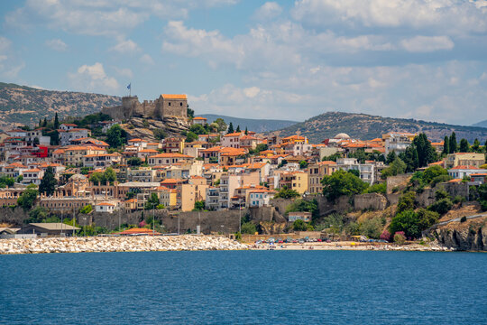 View of Kavala from ferry, Dimos Kavalas, Eastern Macedonia and Thrace, Gulf of Thasos, Gulf of Kavala, Thracian Sea, Greece, Europe